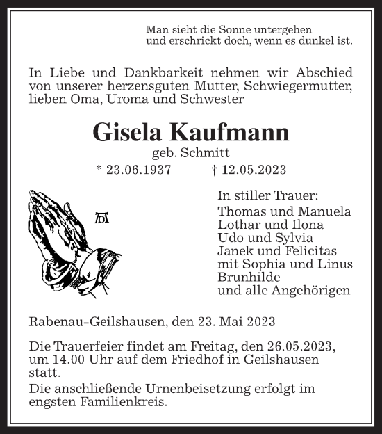 Traueranzeige von Gisela Kaufmann von Giessener Allgemeine, Alsfelder Allgemeine