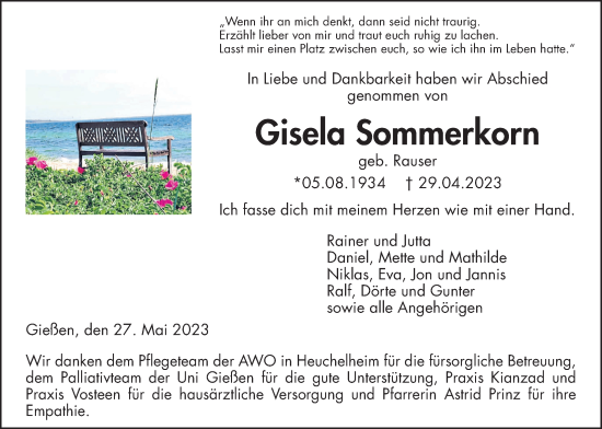 Traueranzeige von Gisela Sommerkorn von Giessener Allgemeine, Alsfelder Allgemeine, Giessener Anzeiger