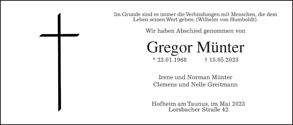  Traueranzeige für Gregor Münter vom 26.05.2023 aus 