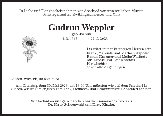 Traueranzeige von Gudrun Weppler von Giessener Allgemeine, Alsfelder Allgemeine, Giessener Anzeiger