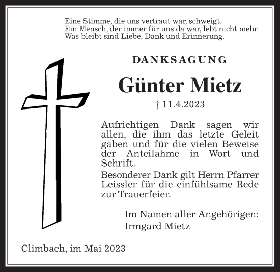 Traueranzeige von Günter Mietz von Allendorfer Mitteilungen, Giessener Allgemeine, Alsfelder Allgemeine, Giessener Anzeiger