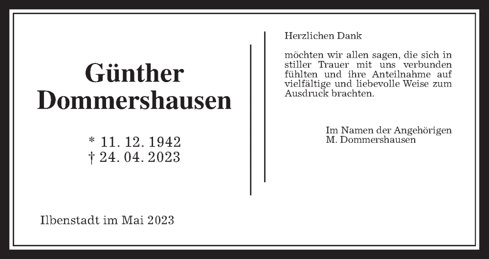  Traueranzeige für Günther Dommershausen vom 20.05.2023 aus Wetterauer Zeitung