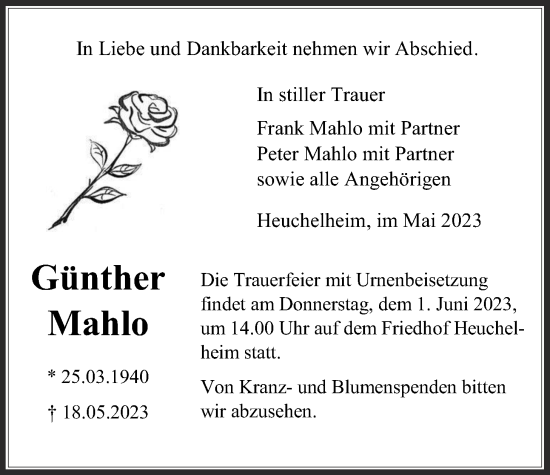 Traueranzeige von Günther Mahlo von Giessener Anzeiger