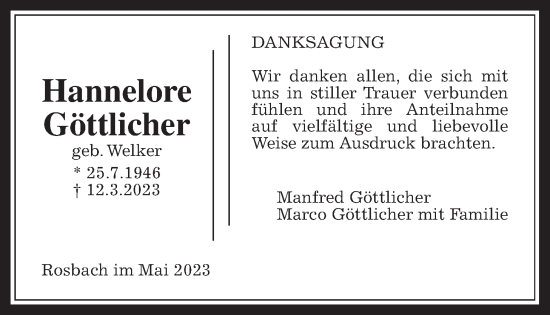 Traueranzeige von Hannelore Göttlicher von Wetterauer Zeitung