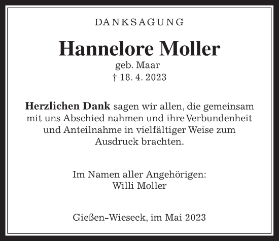 Traueranzeige von Hannelore Moller von Giessener Allgemeine, Alsfelder Allgemeine