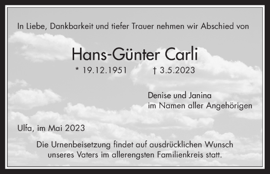 Traueranzeige von Hans-Günter Carli von Kreis-Anzeiger