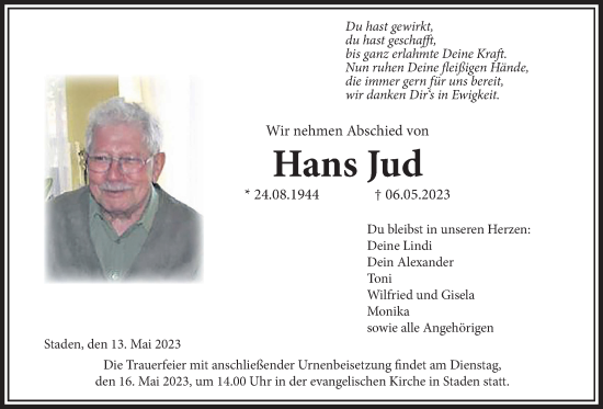 Traueranzeige von Hans Jud von Wetterauer Zeitung