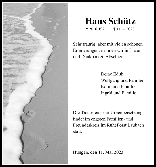 Traueranzeige von Hans Schütz von Licher Wochenblatt