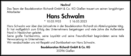 Traueranzeige von Hans Schwalm von Giessener Allgemeine, Alsfelder Allgemeine, Giessener Anzeiger