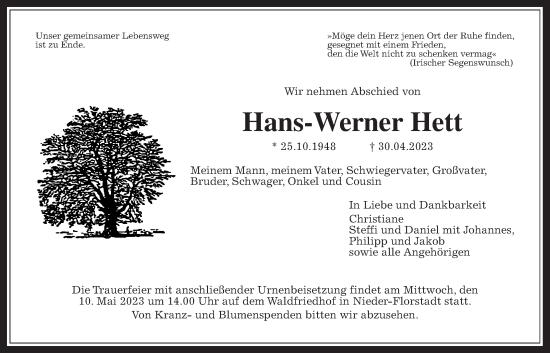 Traueranzeige von Hans-Werner Hett von Wetterauer Zeitung