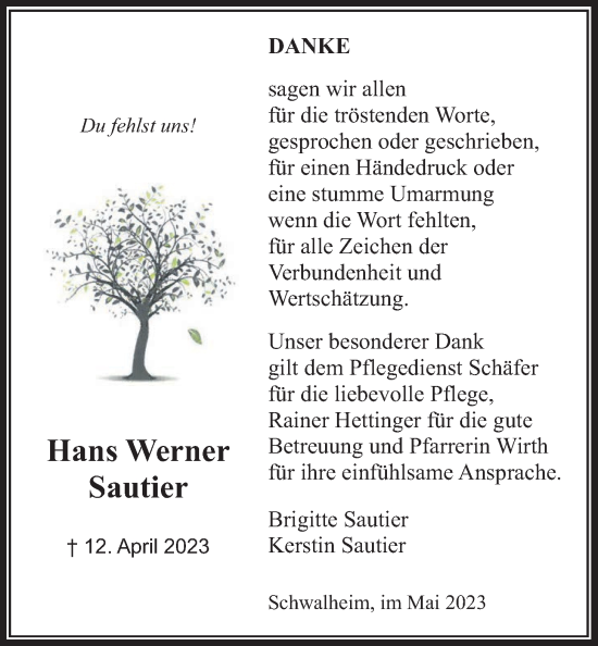 Traueranzeige von Hans Werner Sautier von Wetterauer Zeitung