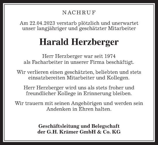 Traueranzeige von Harald Herzberger von Heimatzeitung Grünberg + Laubach
