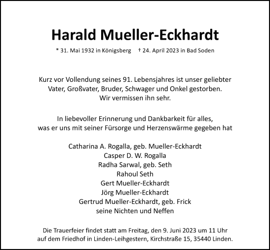 Traueranzeige von Harald Mueller-Eckhardt von Giessener Allgemeine, Alsfelder Allgemeine