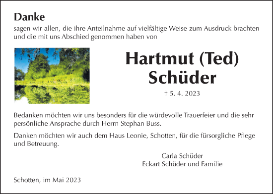 Traueranzeige von Hartmut Schüder von Kreis-Anzeiger