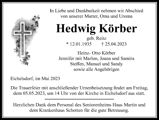 Traueranzeige von Hedwig Körber von Kreis-Anzeiger