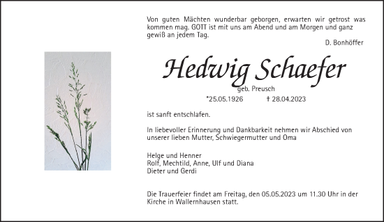 Traueranzeige von Hedwig Schaefer von Giessener Allgemeine, Alsfelder Allgemeine, Kreis-Anzeiger