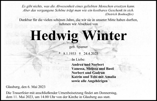 Traueranzeige von Hedwig Winter von Kreis-Anzeiger