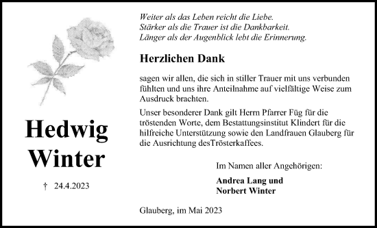 Traueranzeige von Hedwig Winter von Kreis-Anzeiger