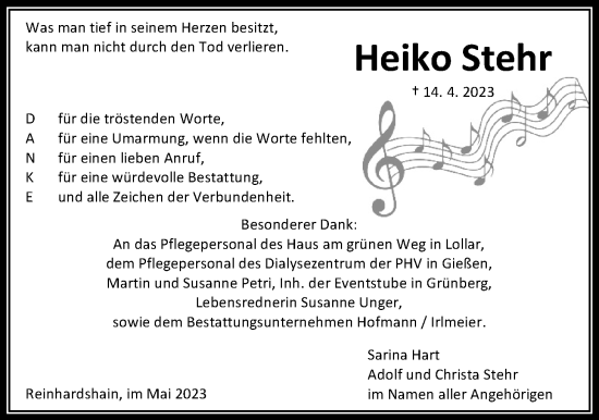 Traueranzeige von Heiko Stehr von Giessener Allgemeine, Alsfelder Allgemeine