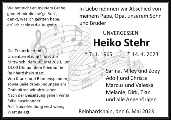 Traueranzeige von Heiko Stehr von Giessener Allgemeine, Alsfelder Allgemeine