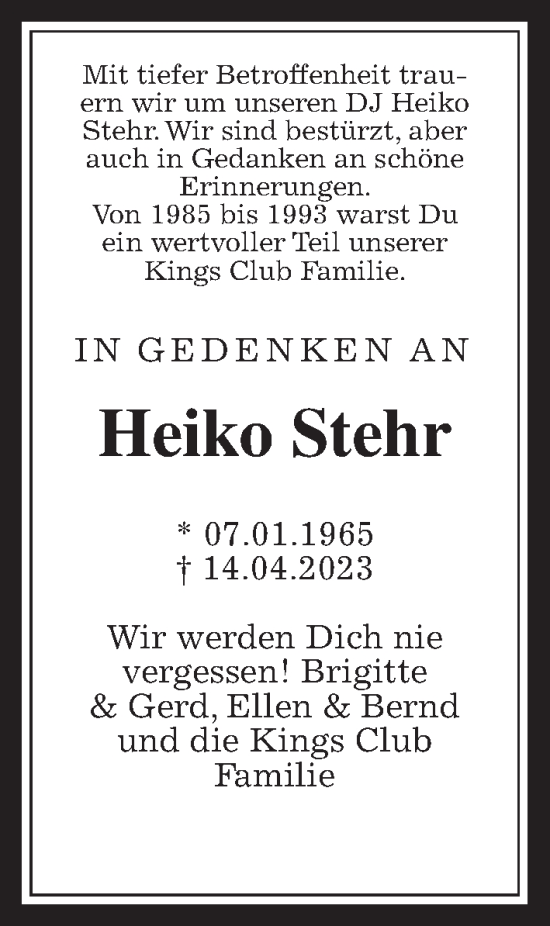 Traueranzeige von Heiko Stehr von Giessener Allgemeine, Alsfelder Allgemeine