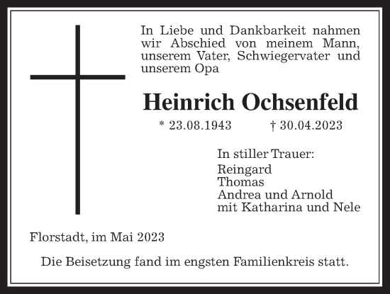 Traueranzeige von Heinrich Ochsenfeld von Wetterauer Zeitung