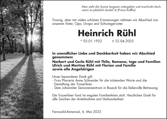 Traueranzeige von Heinrich Rühl von Giessener Anzeiger, Giessener Allgemeine, Alsfelder Allgemeine