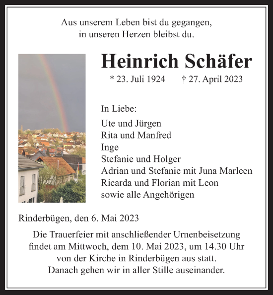 Traueranzeige von Heinrich Schäfer von Kreis-Anzeiger