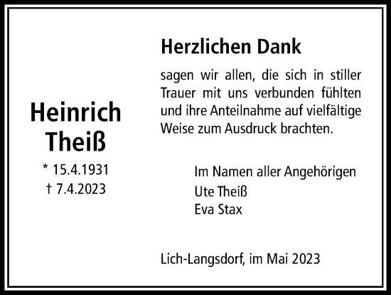 Traueranzeige von Heinrich Theiß von Licher Wochenblatt