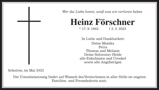 Traueranzeige von Heinz Förschner von Kreis-Anzeiger