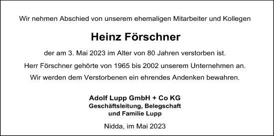 Traueranzeige von Heinz Förschner von Kreis-Anzeiger