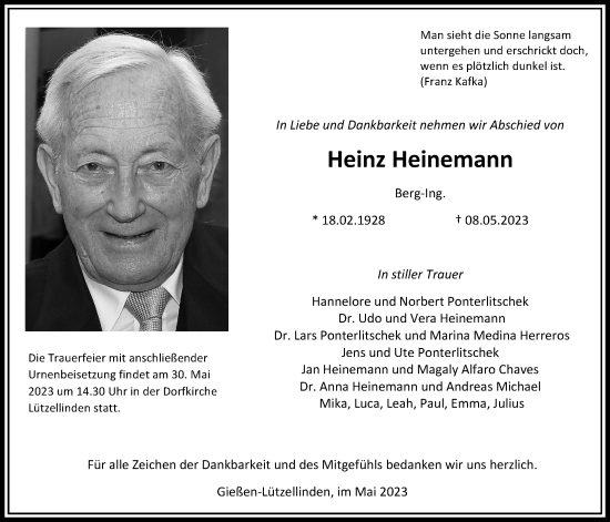 Traueranzeige von Heinz Heinemann von Giessener Anzeiger