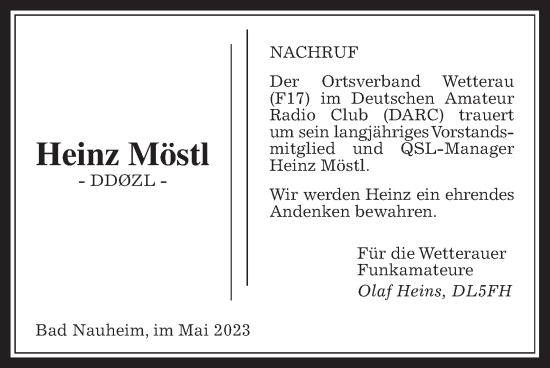 Traueranzeige von Heinz Möstl von Wetterauer Zeitung