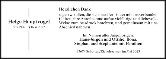 Traueranzeige von Helga Hauptvogel von Kreis-Anzeiger