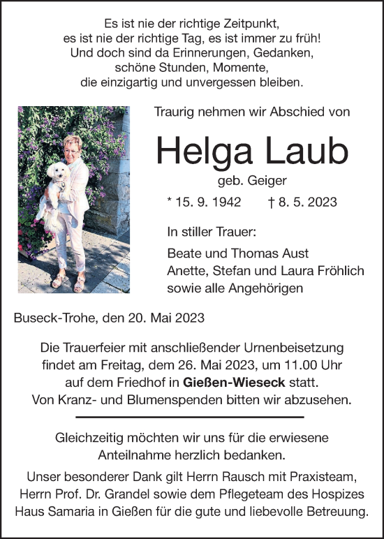 Traueranzeige von Helga Laub von Giessener Allgemeine, Alsfelder Allgemeine, Giessener Anzeiger
