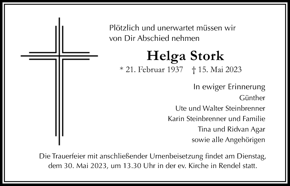  Traueranzeige für Helga Stork vom 25.05.2023 aus Bad Vilbel/Karben