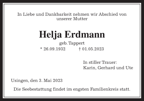 Traueranzeige von Helja Erdmann von Wetterauer Zeitung, Usinger Anzeiger