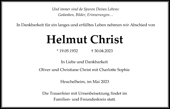 Traueranzeige von Helmut Christ von Giessener Anzeiger, Giessener Allgemeine, Alsfelder Allgemeine