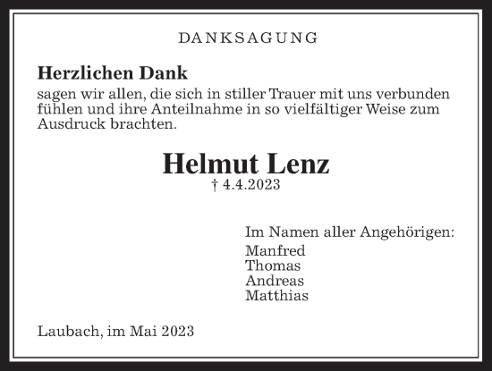 Traueranzeige von Helmut Lenz von Laubacher Anzeiger