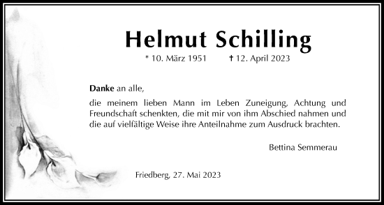 Traueranzeige von Helmut Schilling von Wetterauer Zeitung