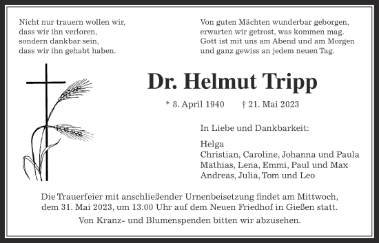 Traueranzeige von Helmut Tripp von Giessener Allgemeine, Alsfelder Allgemeine, Giessener Anzeiger