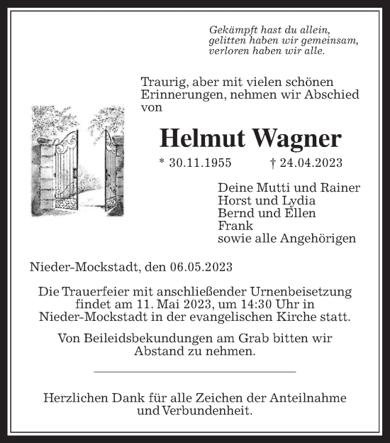 Traueranzeige von Helmut Wagner von Wetterauer Zeitung, Kreis-Anzeiger