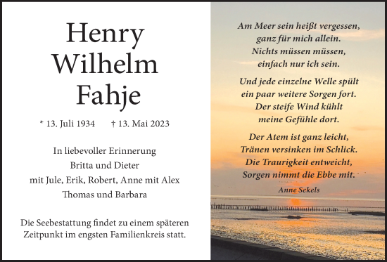 Traueranzeige von Henry Wilhelm Fahje von Wetterauer Zeitung