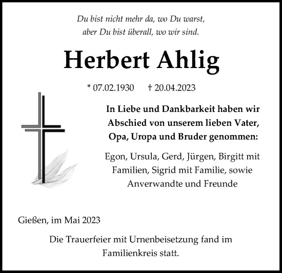 Traueranzeige von Herbert Ahlig von Giessener Anzeiger, Giessener Allgemeine, Alsfelder Allgemeine