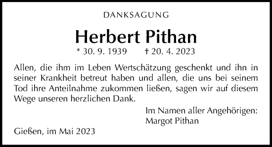 Traueranzeige von Herbert Pithan von Giessener Anzeiger, Giessener Allgemeine, Alsfelder Allgemeine