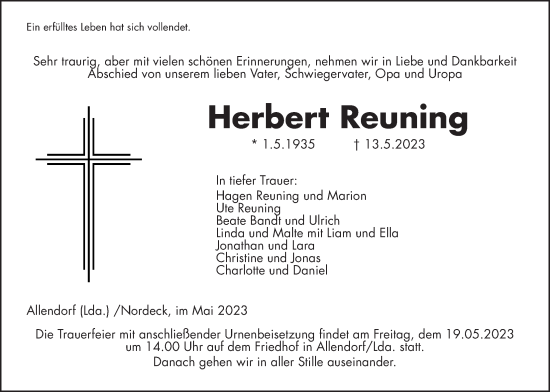 Traueranzeige von Herbert Reuning von Giessener Allgemeine, Alsfelder Allgemeine, Giessener Anzeiger