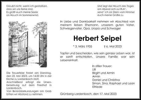 Traueranzeige von Herbert Seipel von Giessener Allgemeine, Alsfelder Allgemeine, Giessener Anzeiger
