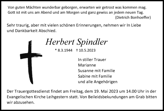 Traueranzeige von Herbert Spindler von Giessener Anzeiger, Giessener Allgemeine, Alsfelder Allgemeine