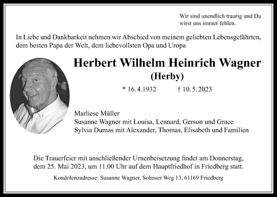 Traueranzeige von Herbert Wilhelm Heinrich Wagner von Wetterauer Zeitung