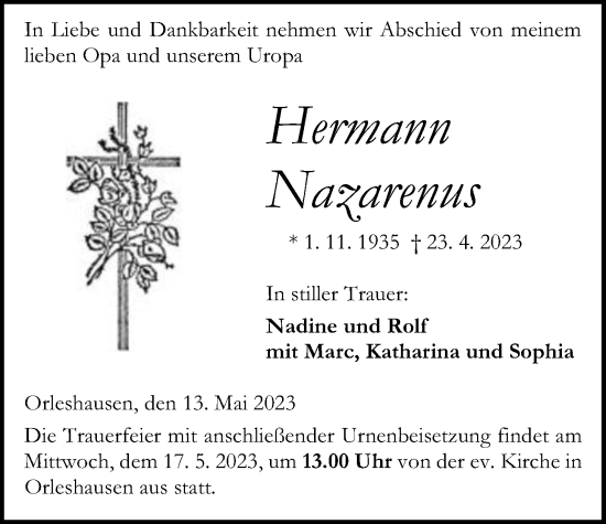Traueranzeige von Hermann Nazarenus von Kreis-Anzeiger